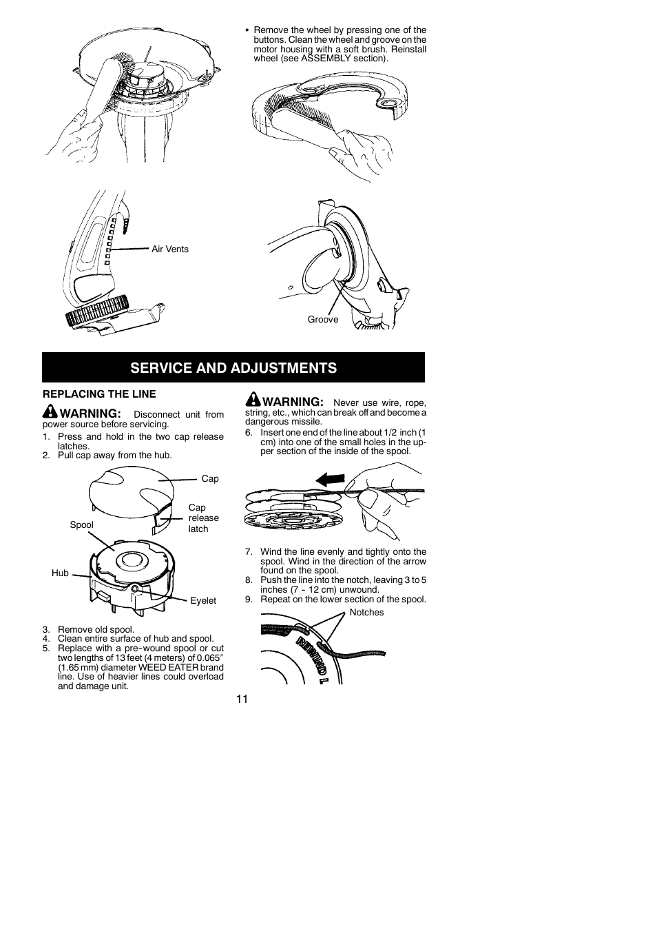 Service and adjustments, Warning | Weed Eater TWIST 'N EDGE 952711895 User Manual | Page 11 / 14