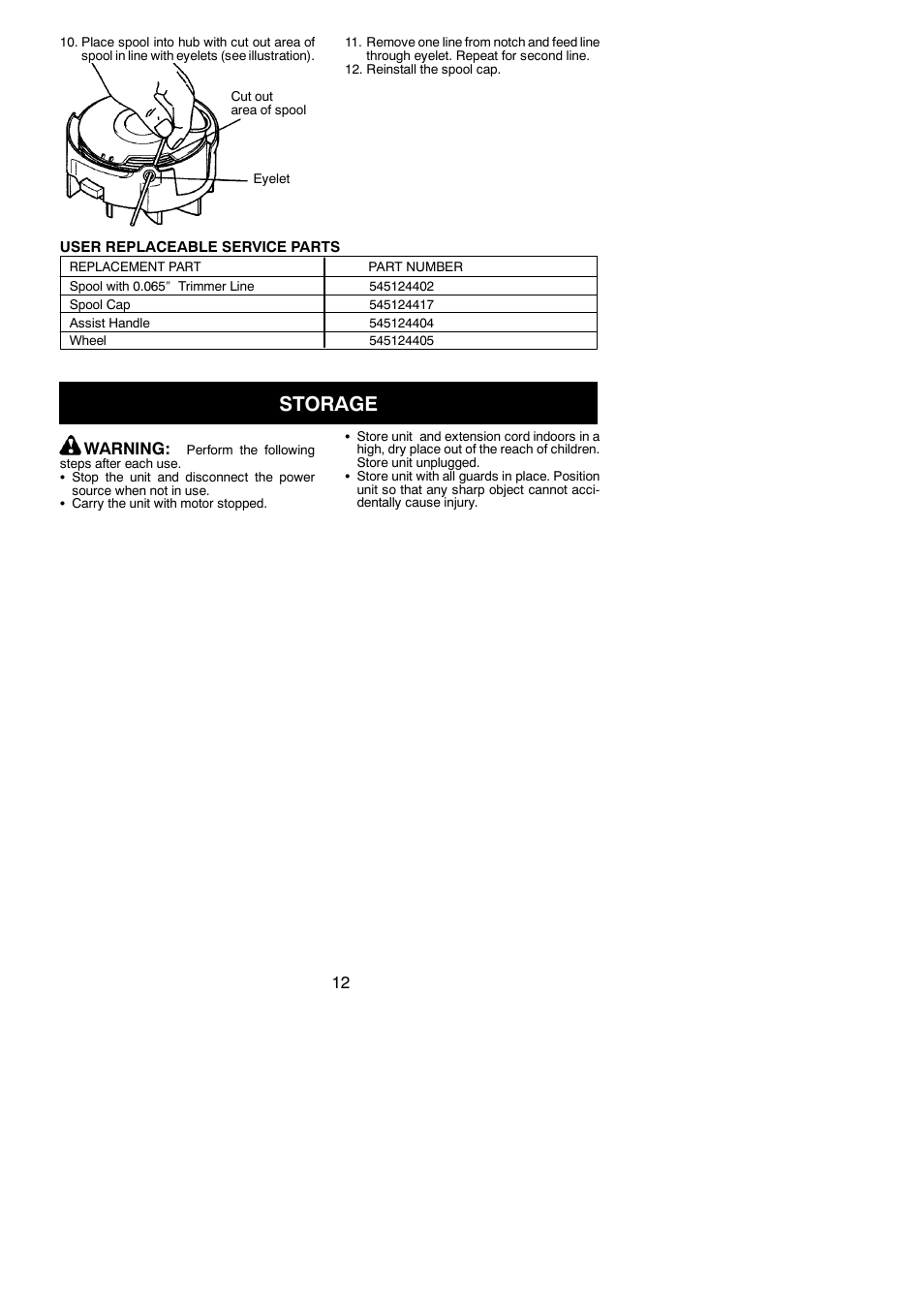 Storage, Warning | Weed Eater TWIST 'N EDGE 952711895 User Manual | Page 12 / 14