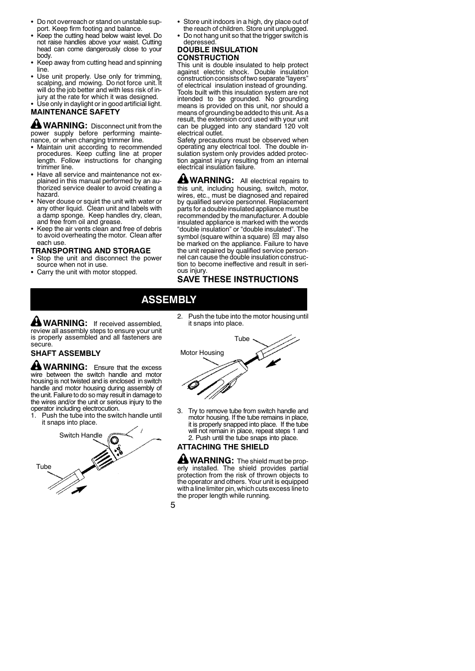 Assembly, Warning, Save these instructions | Weed Eater TWIST 'N EDGE 952711895 User Manual | Page 5 / 14