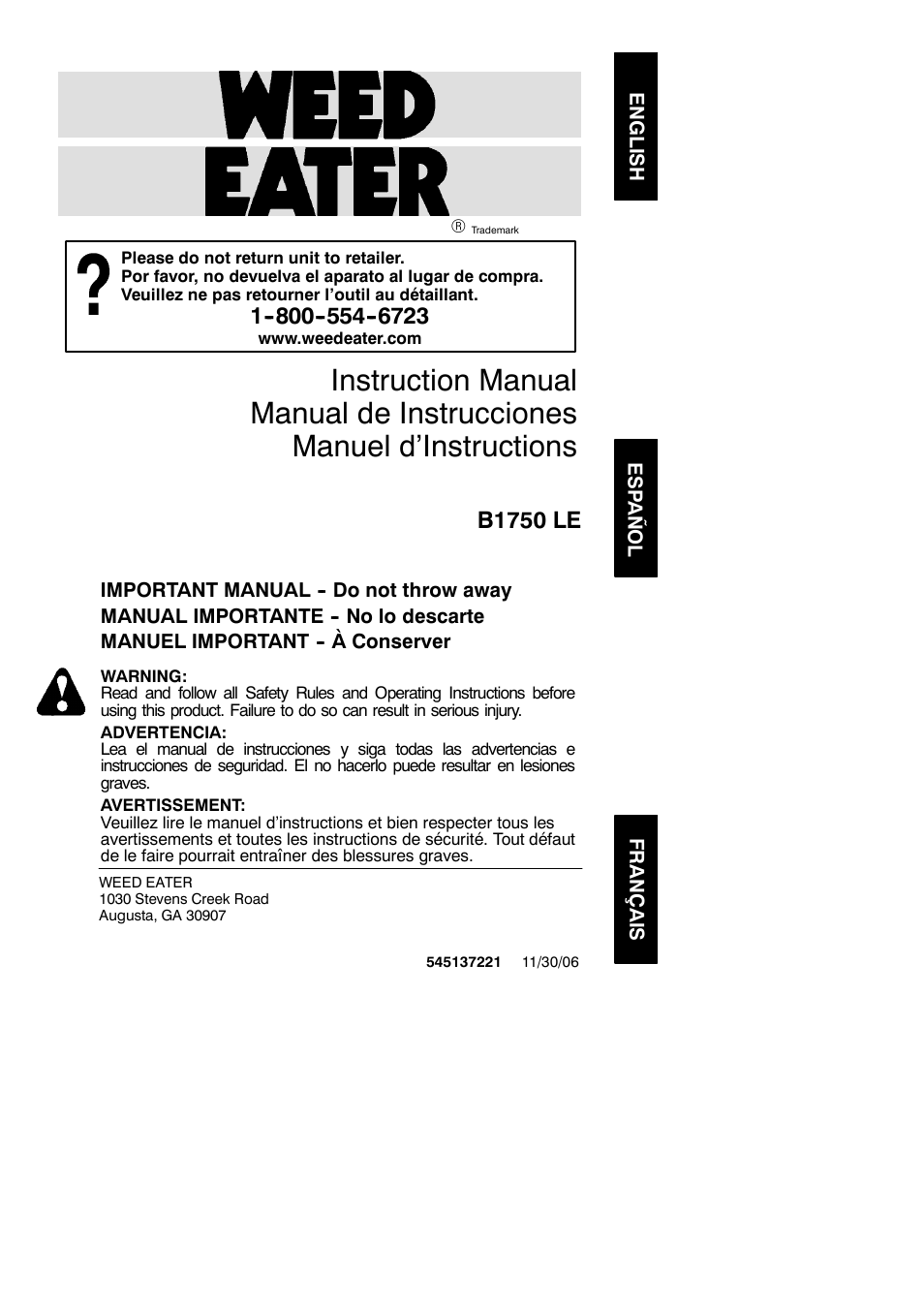 Weed Eater 545137221 User Manual | 11 pages