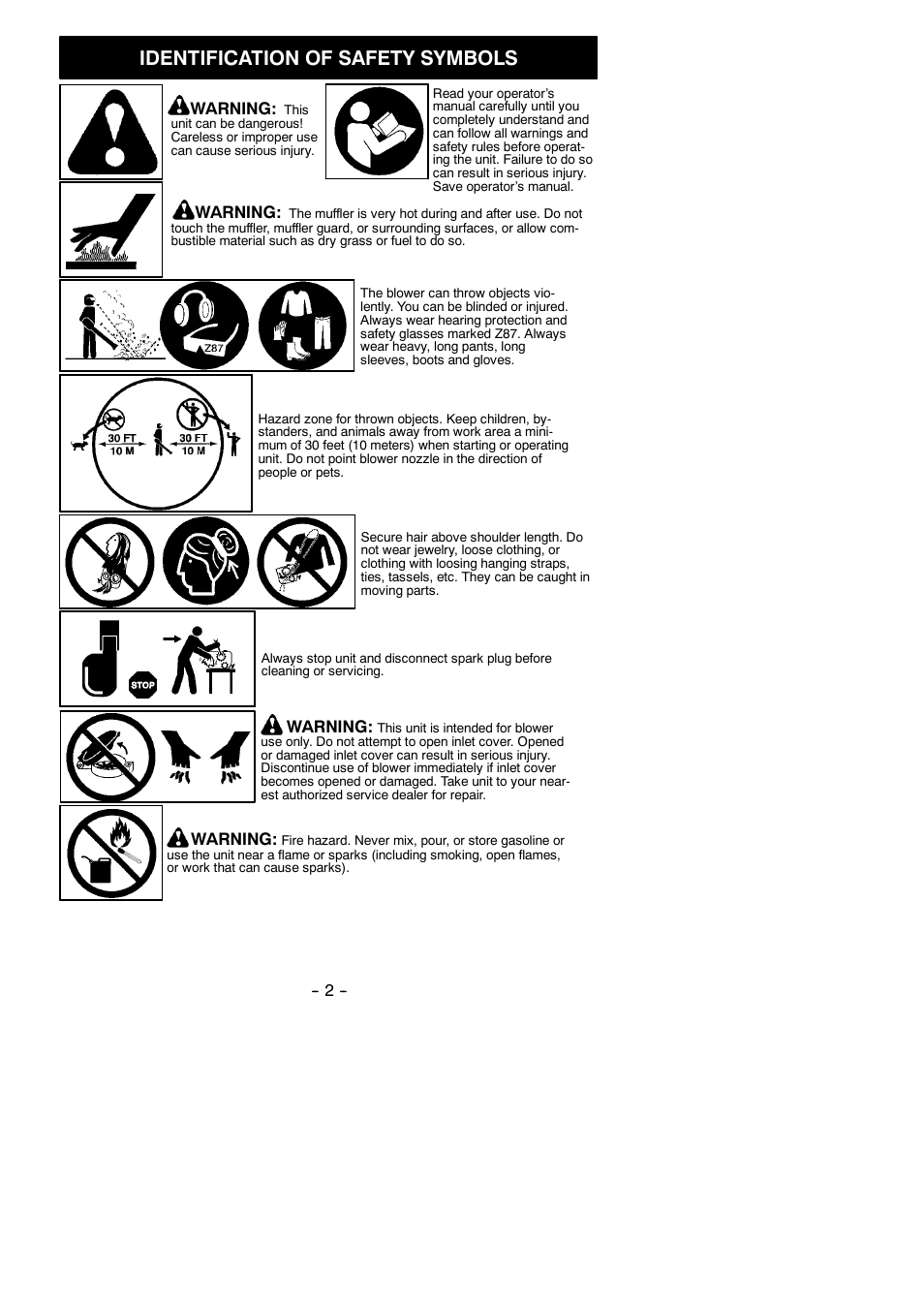 Identification of safety symbols | Weed Eater 545137221 User Manual | Page 2 / 11