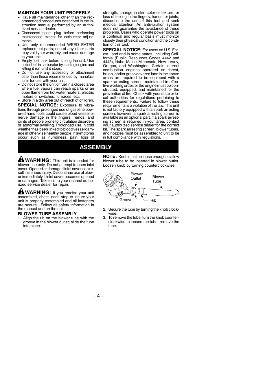Assembly, Warning | Weed Eater 545137221 User Manual | Page 4 / 11