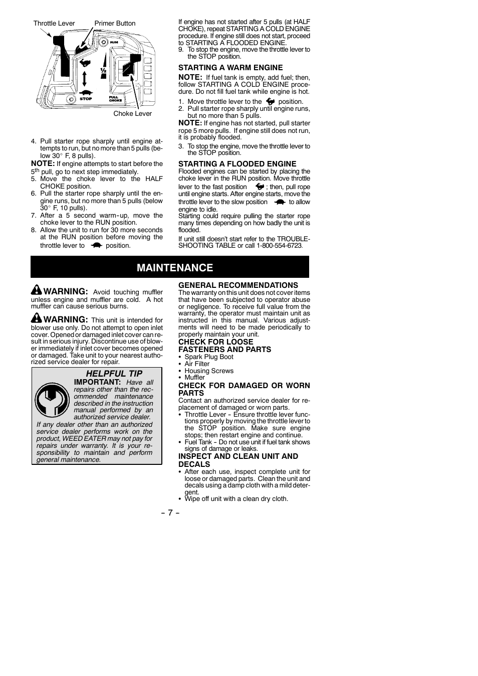 Maintenance, Warning, Helpful tip | Weed Eater 545137221 User Manual | Page 7 / 11