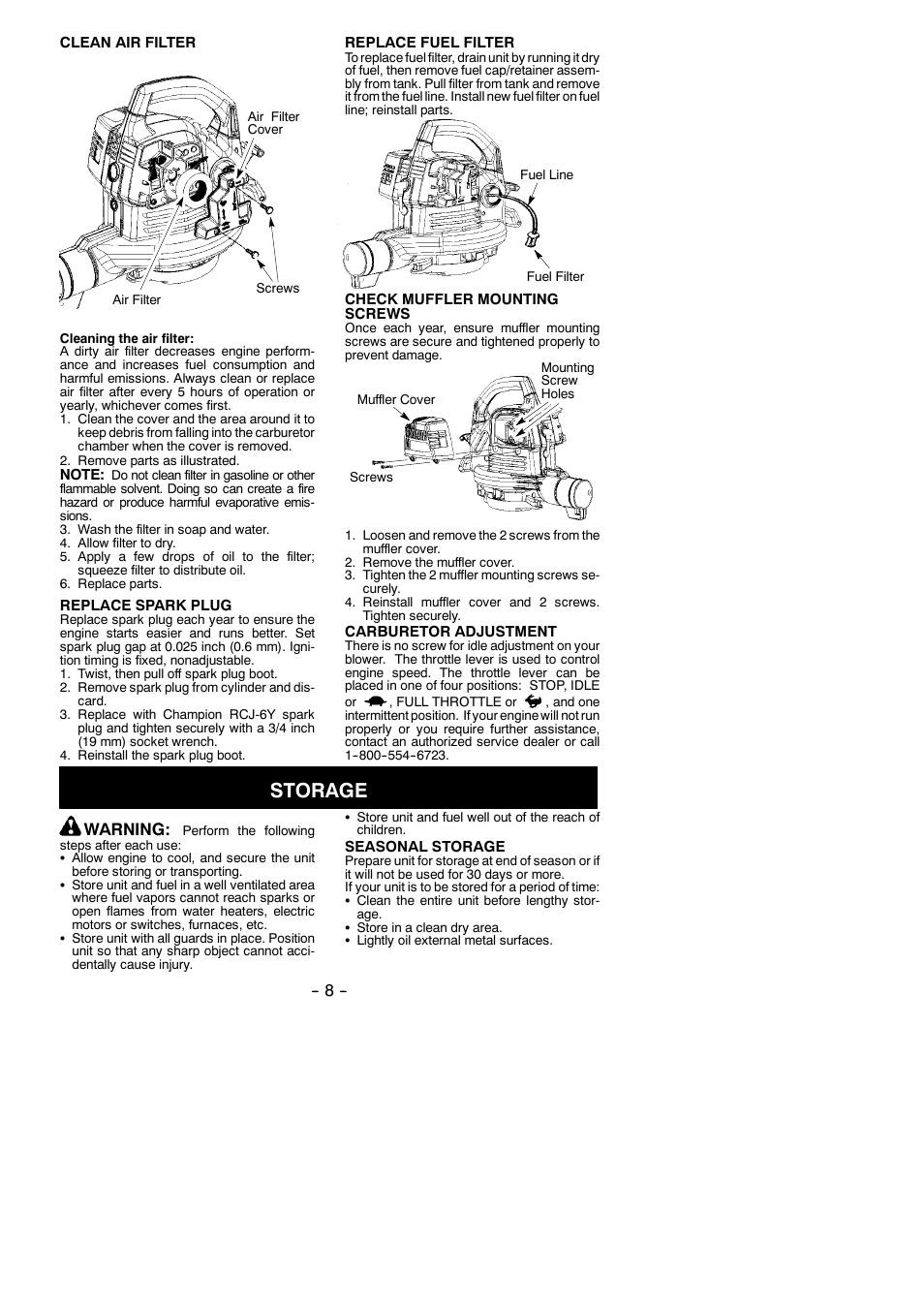 Storage, Warning | Weed Eater 545137221 User Manual | Page 8 / 11