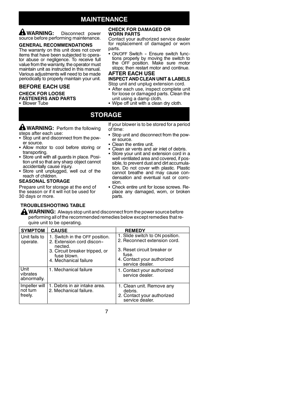 Maintenance, Storage, Troubleshooting | Weed Eater 545186749 User Manual | Page 7 / 8