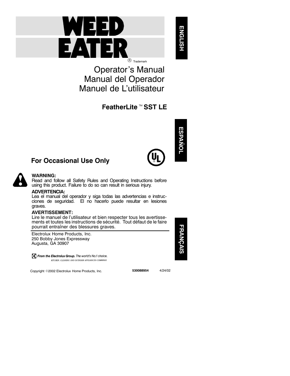 Weed Eater FeatherLite 530088954 User Manual | 7 pages