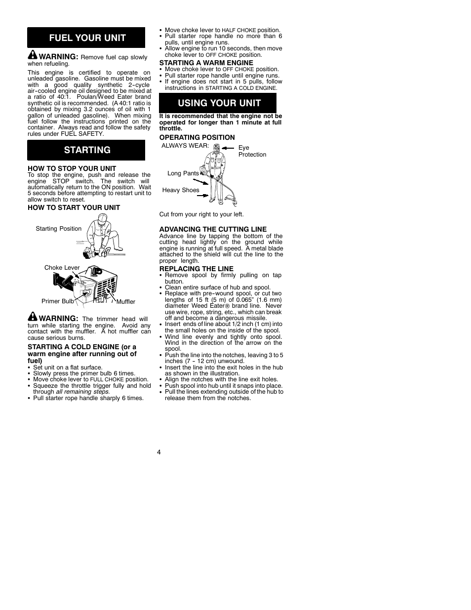 Fuel your unit, Starting, Using your unit | Weed Eater FeatherLite 530088954 User Manual | Page 4 / 7