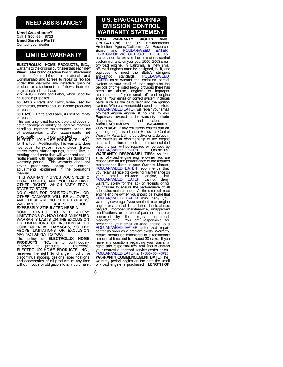Need assistance, Limited warranty | Weed Eater FeatherLite 530088954 User Manual | Page 6 / 7