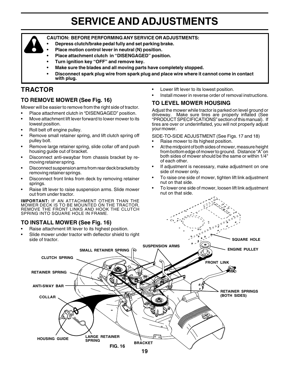 Service and adjustments, Tractor | Weed Eater S165H42D User Manual | Page 19 / 44