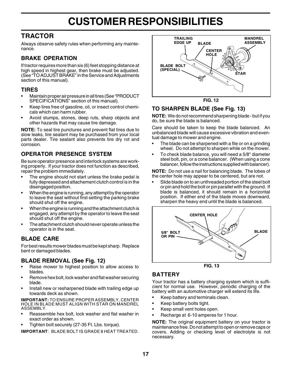 Customer responsibilities, Tractor | Weed Eater 178387 User Manual | Page 17 / 48