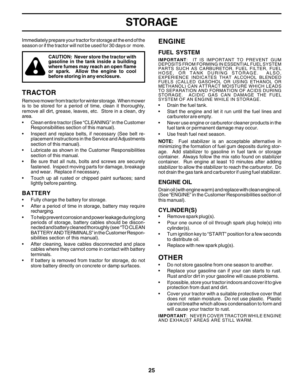 Storage, Tractor, Engine | Other | Weed Eater 178387 User Manual | Page 25 / 48