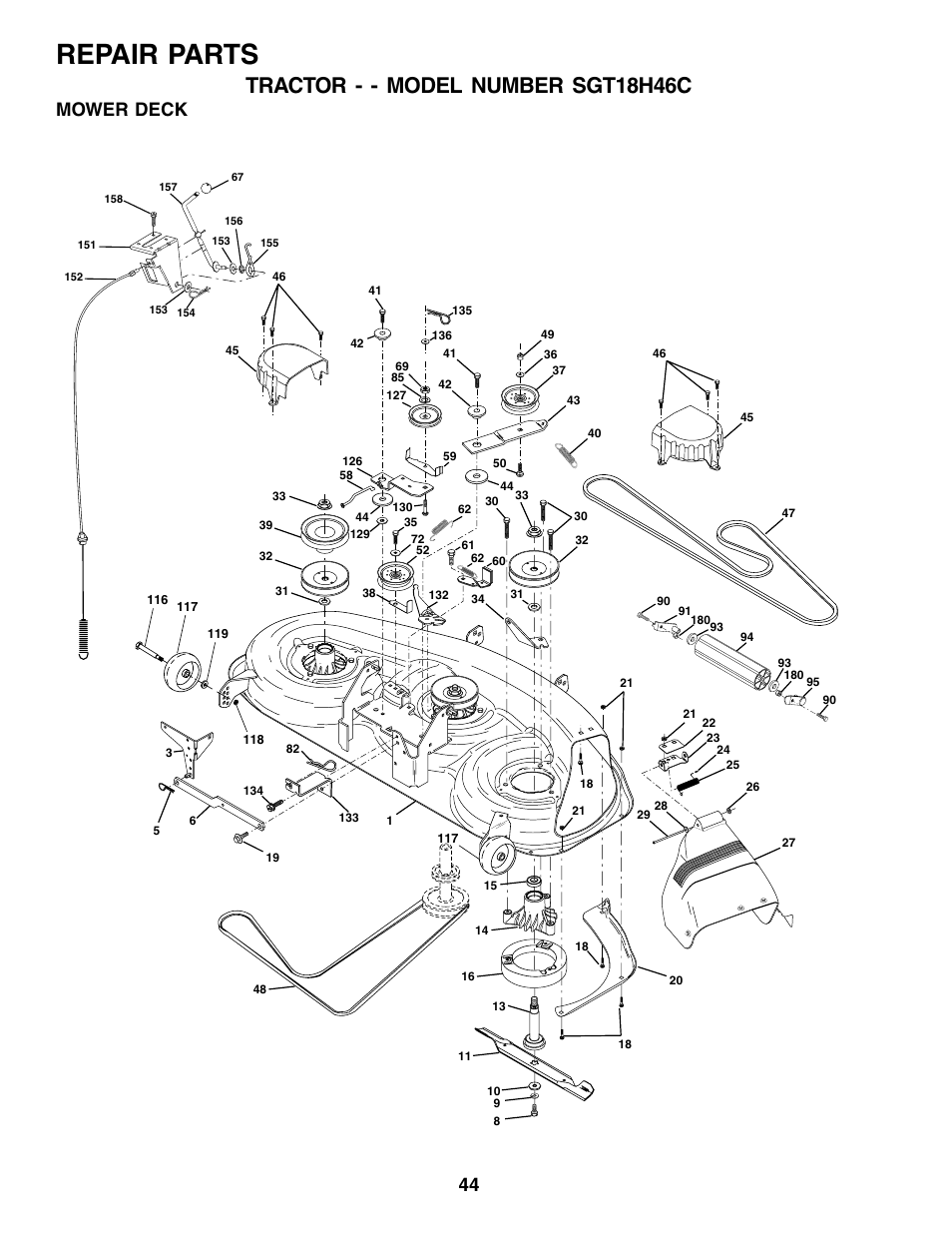 Repair parts, Tractor - - model number sgt18h46c, Mower deck | Weed Eater 178387 User Manual | Page 44 / 48