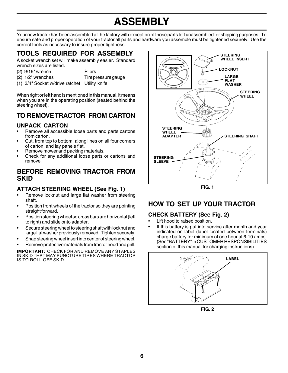 Assembly, Tools required for assembly, How to set up your tractor | Before removing tractor from skid | Weed Eater 178387 User Manual | Page 6 / 48