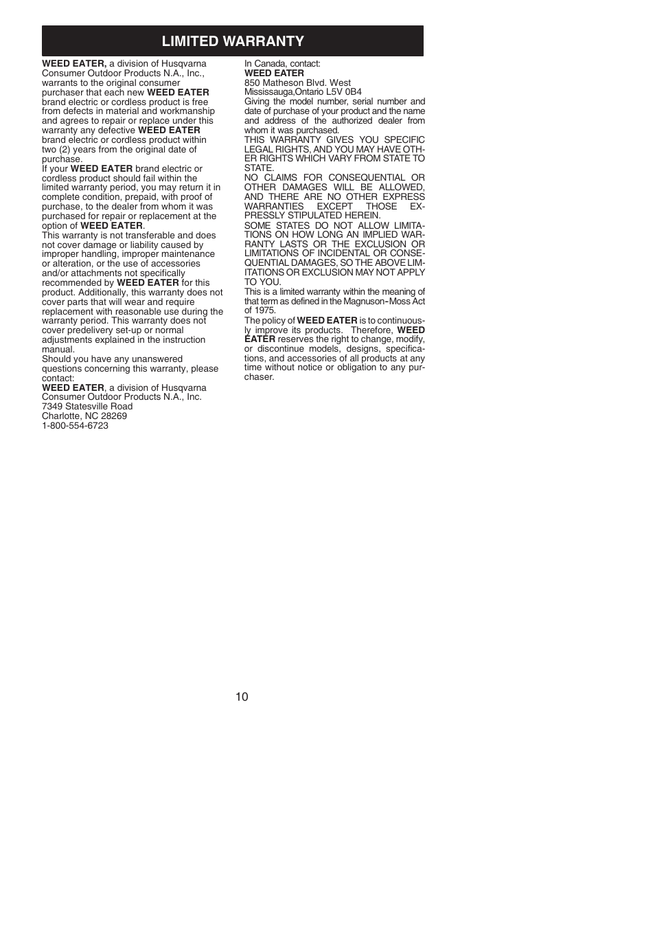 Limited warranty | Weed Eater 966048001 User Manual | Page 10 / 10
