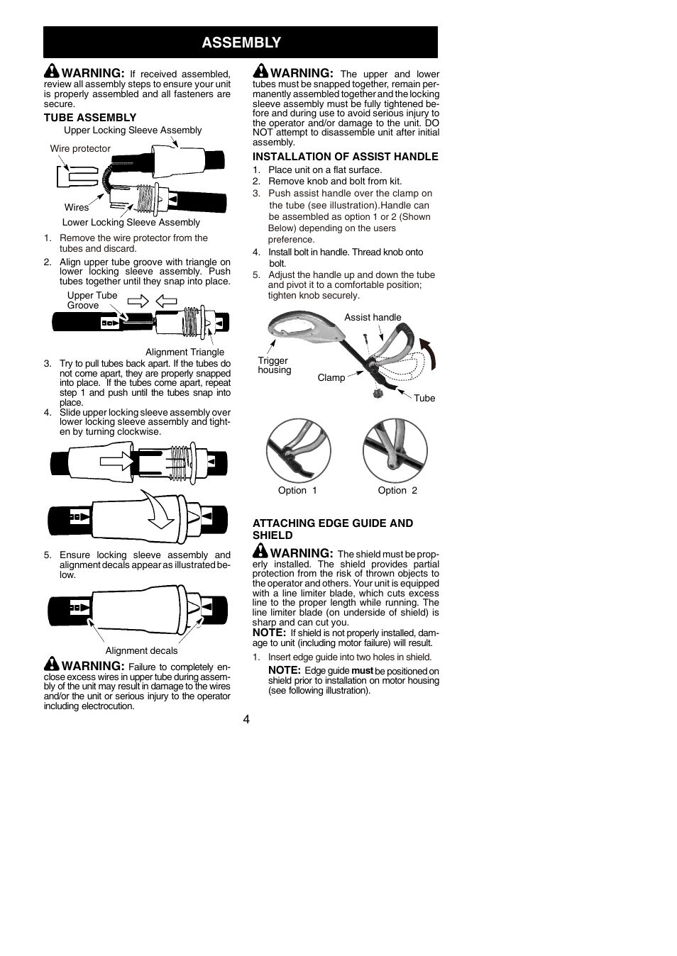 Assembly, Warning | Weed Eater 966048001 User Manual | Page 4 / 10