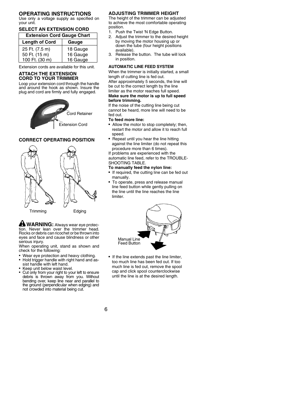 6operating instructions, Warning | Weed Eater 966048001 User Manual | Page 6 / 10