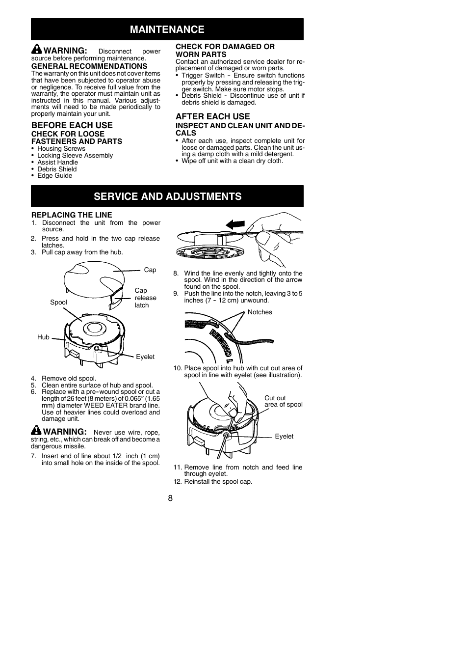 Service and adjustments, Maintenance | Weed Eater 966048001 User Manual | Page 8 / 10