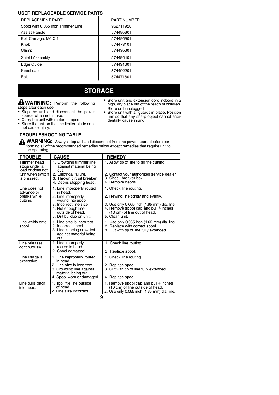 Storage, Warning | Weed Eater 966048001 User Manual | Page 9 / 10