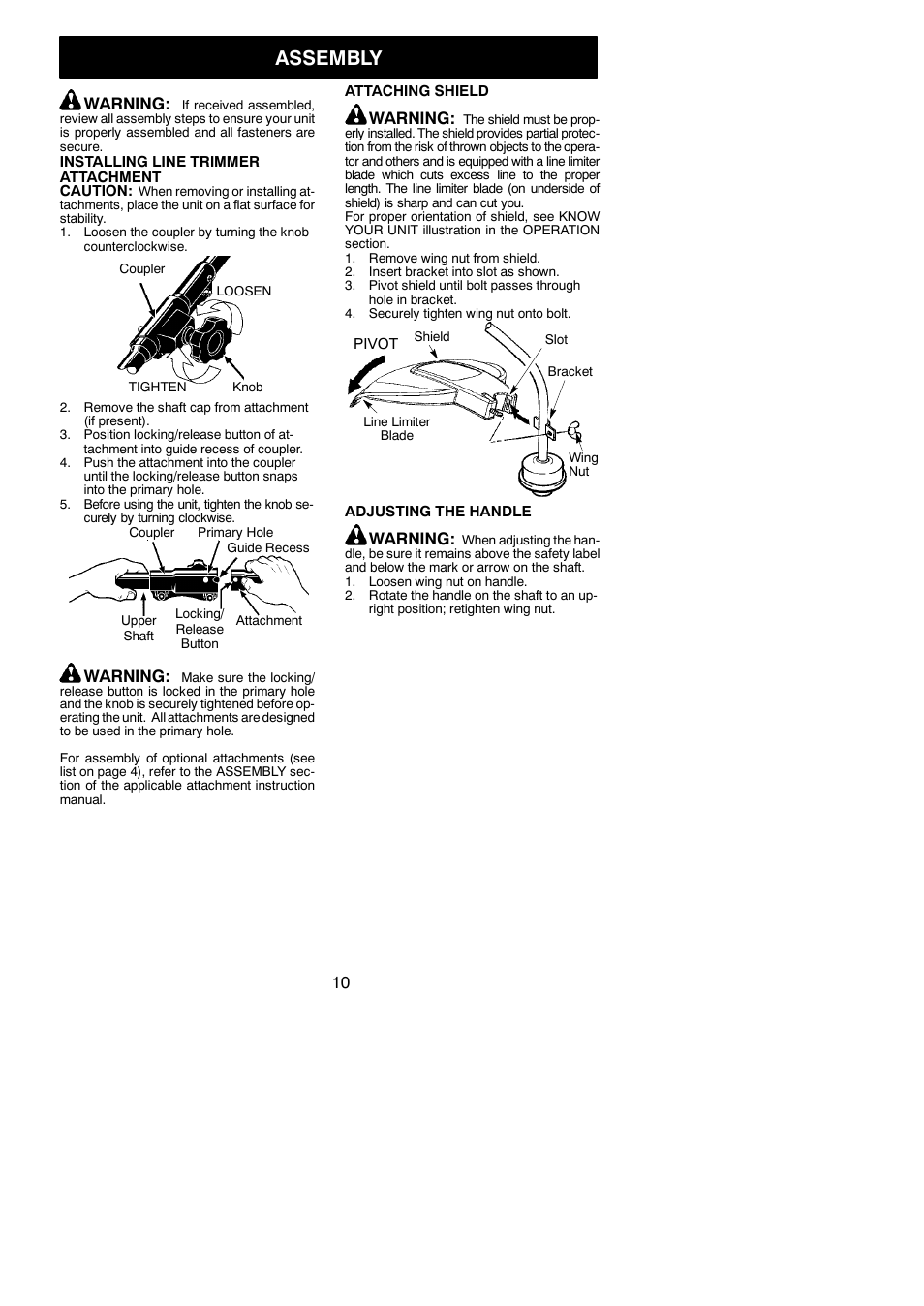 Assembly, Warning | Weed Eater 952711970 User Manual | Page 10 / 16
