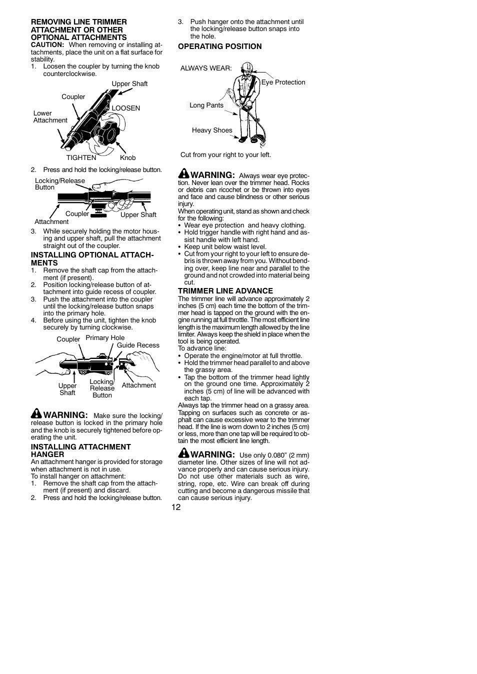 Warning | Weed Eater 952711970 User Manual | Page 12 / 16