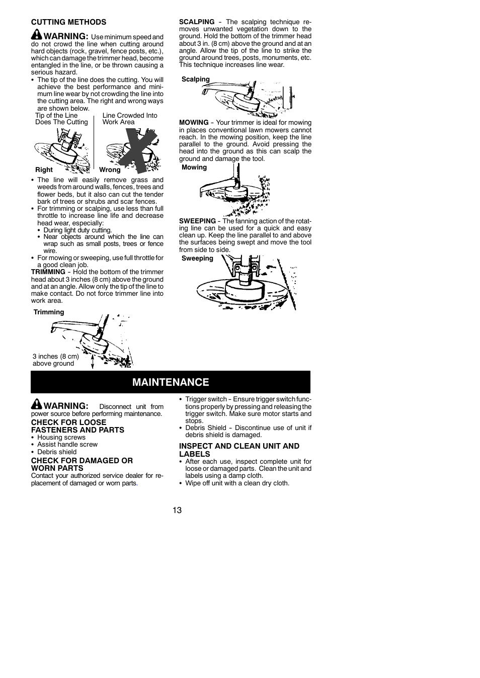 Maintenance, Warning | Weed Eater 952711970 User Manual | Page 13 / 16