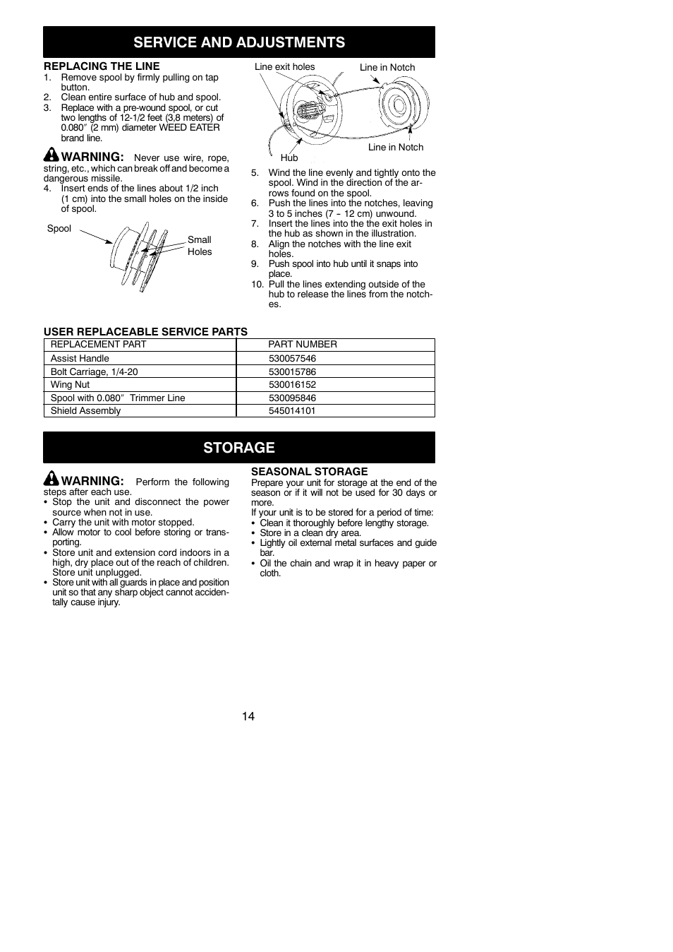 Service and adjustments, Storage, Warning | Weed Eater 952711970 User Manual | Page 14 / 16