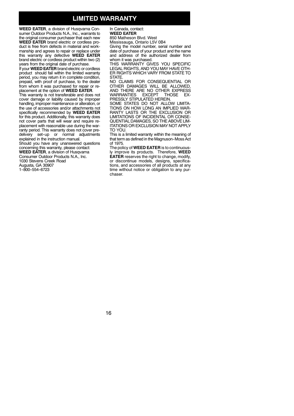 Limited warranty | Weed Eater 952711970 User Manual | Page 16 / 16