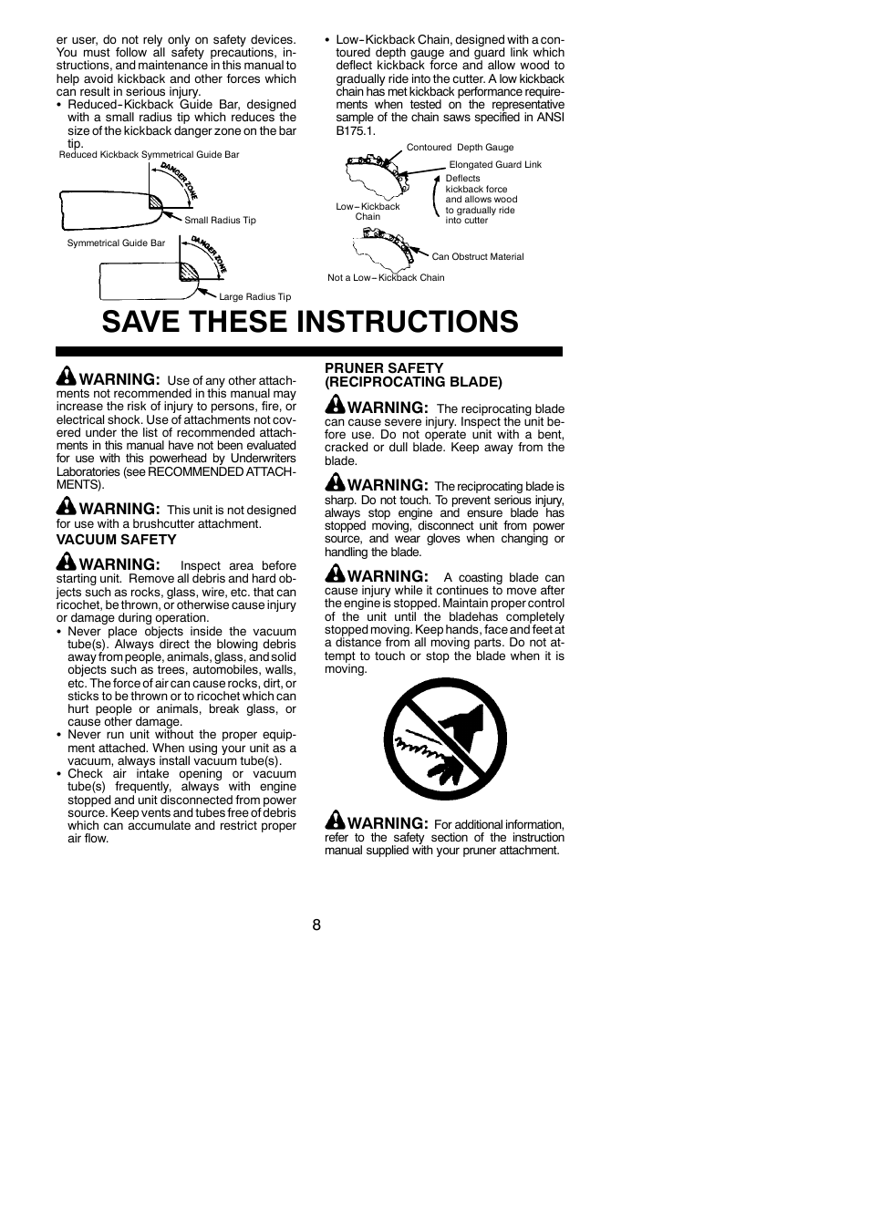 Save these instructions, Warning | Weed Eater 952711970 User Manual | Page 8 / 16