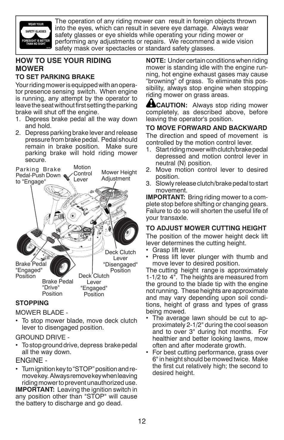 How to use your riding mower, Engine | Weed Eater ONE WE261 User Manual | Page 12 / 40