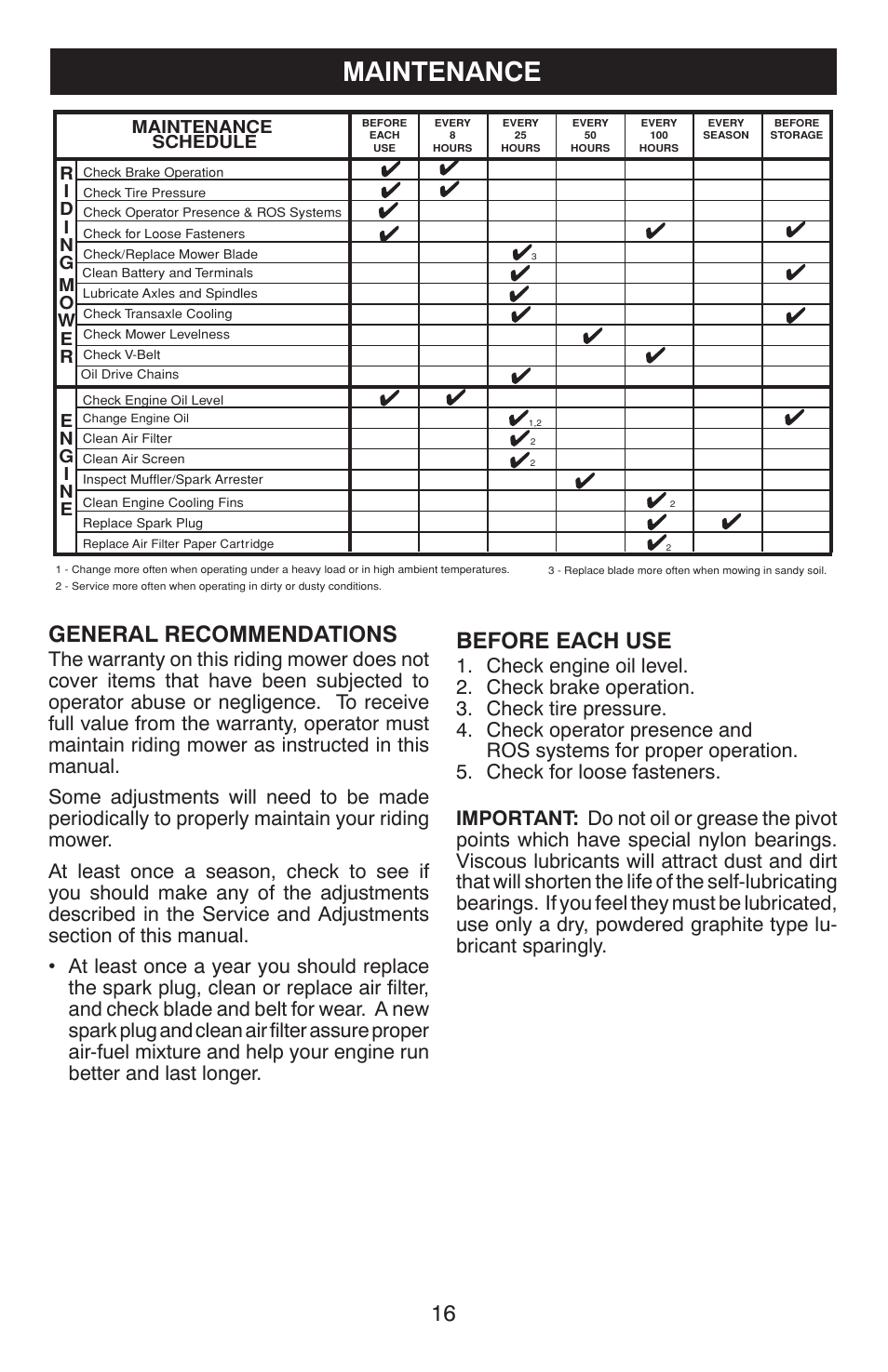 Maintenance, General recommendations, Before each use | Weed Eater ONE WE261 User Manual | Page 16 / 40
