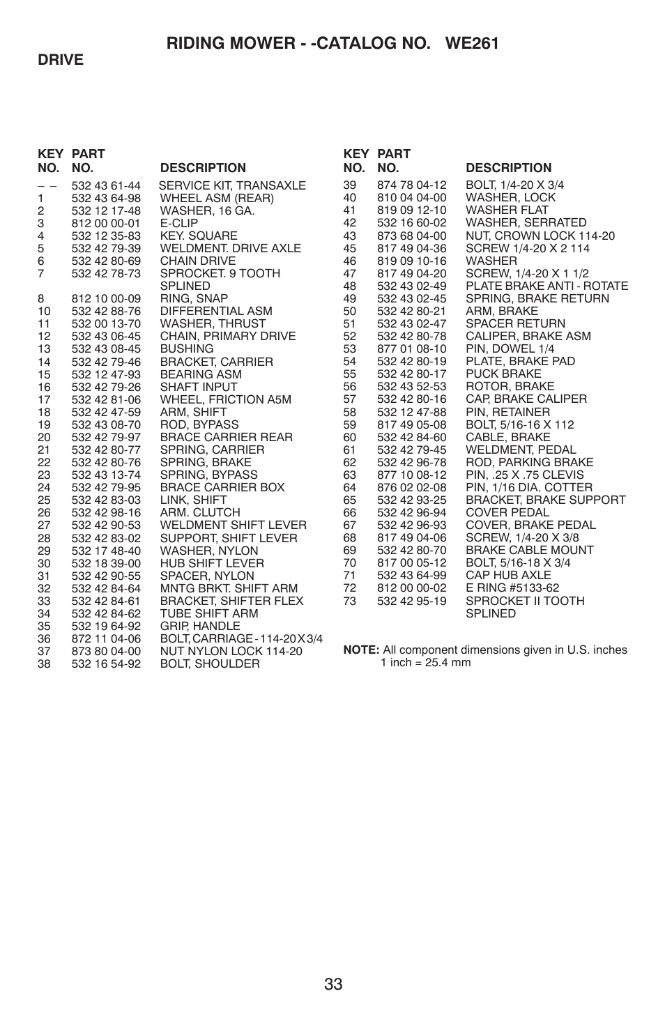Riding mower - -catalog no. we261, Drive | Weed Eater ONE WE261 User Manual | Page 33 / 40