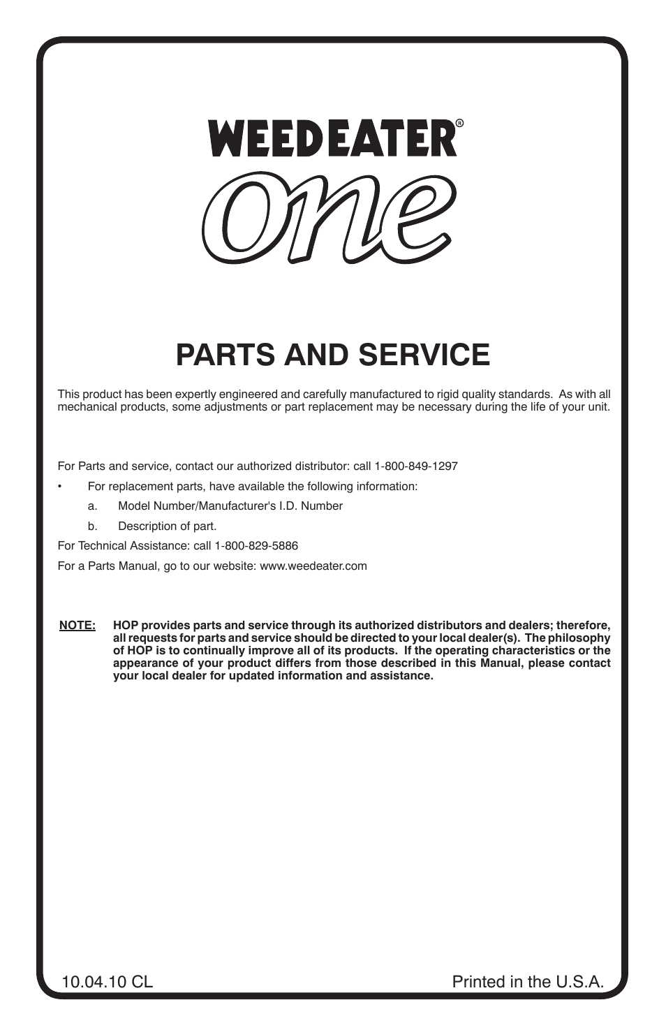 Parts and service, 10 cl printed in the u.s.a | Weed Eater ONE WE261 User Manual | Page 40 / 40