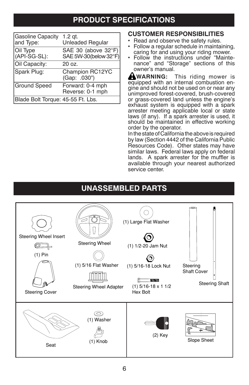 Product specifications, Unassembled parts, Unassembled parts product specifications | Customer responsibilities | Weed Eater ONE WE261 User Manual | Page 6 / 40
