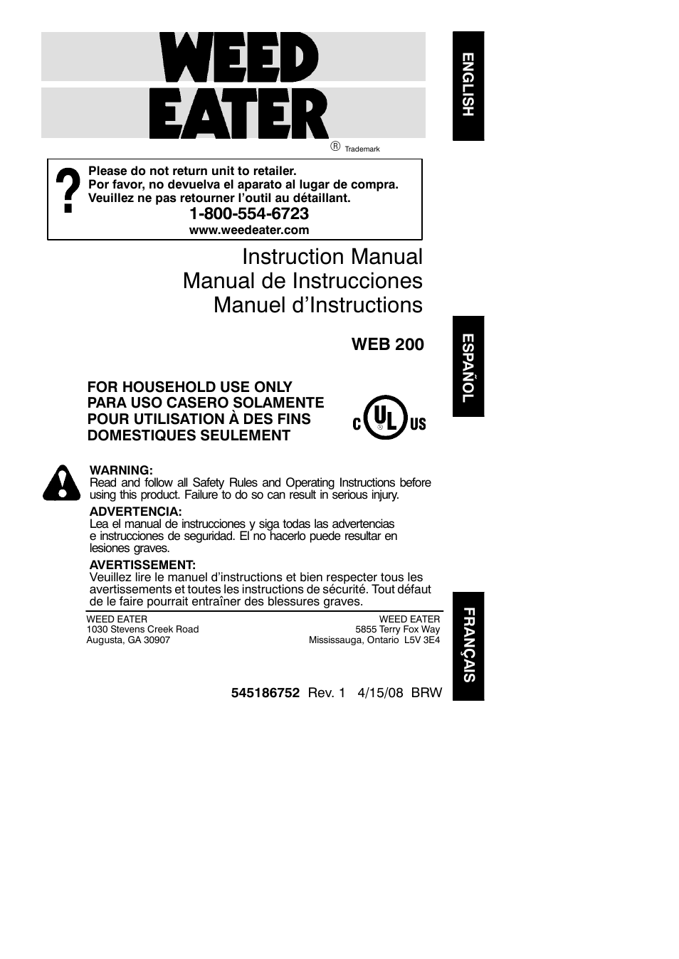 Weed Eater 545186752 User Manual | 8 pages