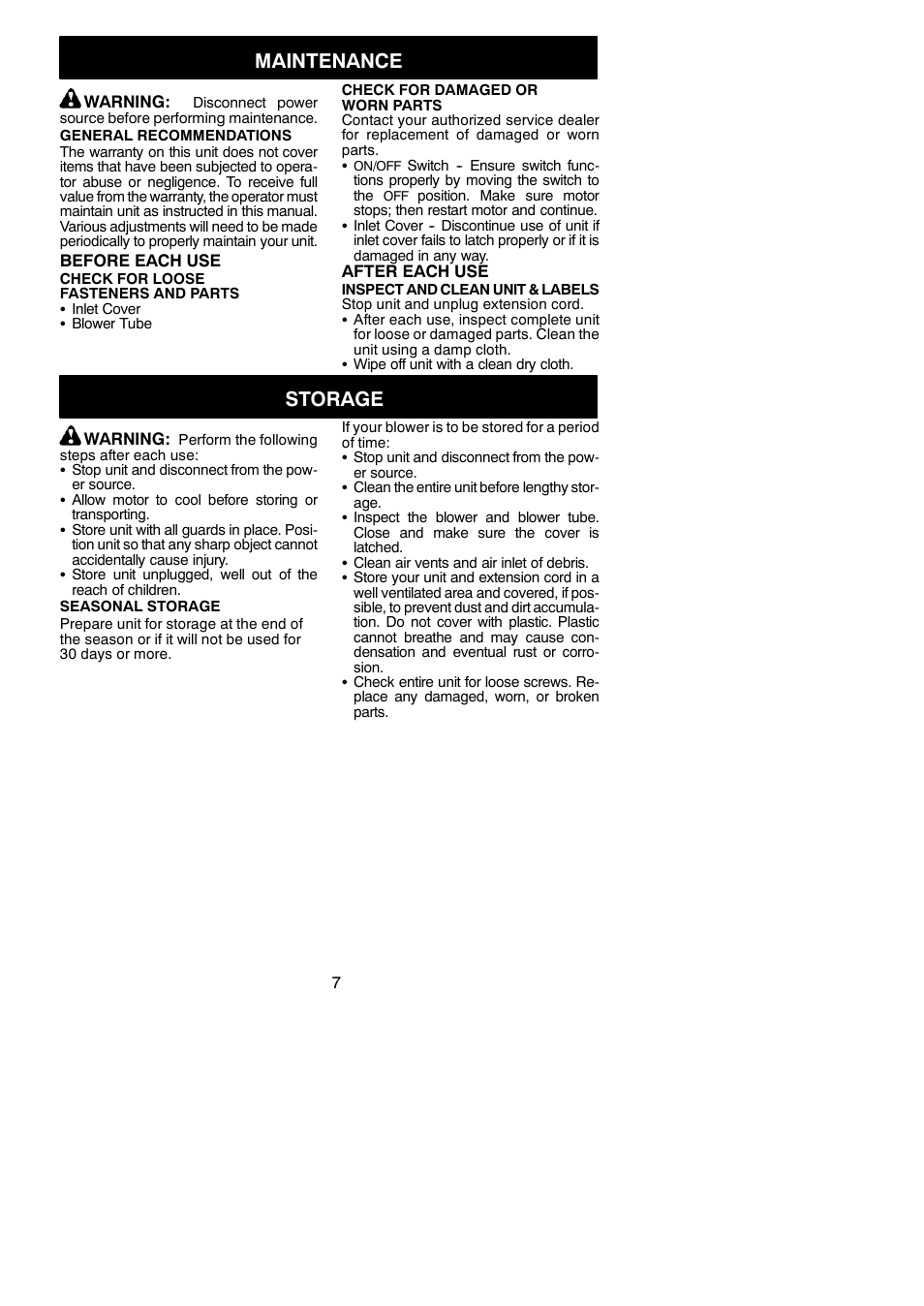 Maintenance, Storage | Weed Eater 545186752 User Manual | Page 7 / 8