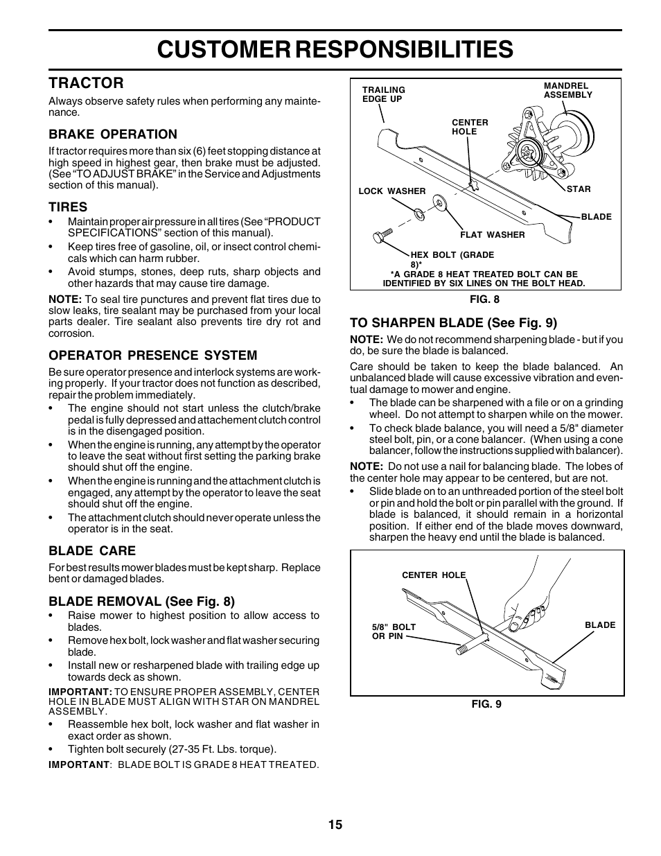 Customer responsibilities, Tractor | Weed Eater 178106 User Manual | Page 15 / 48