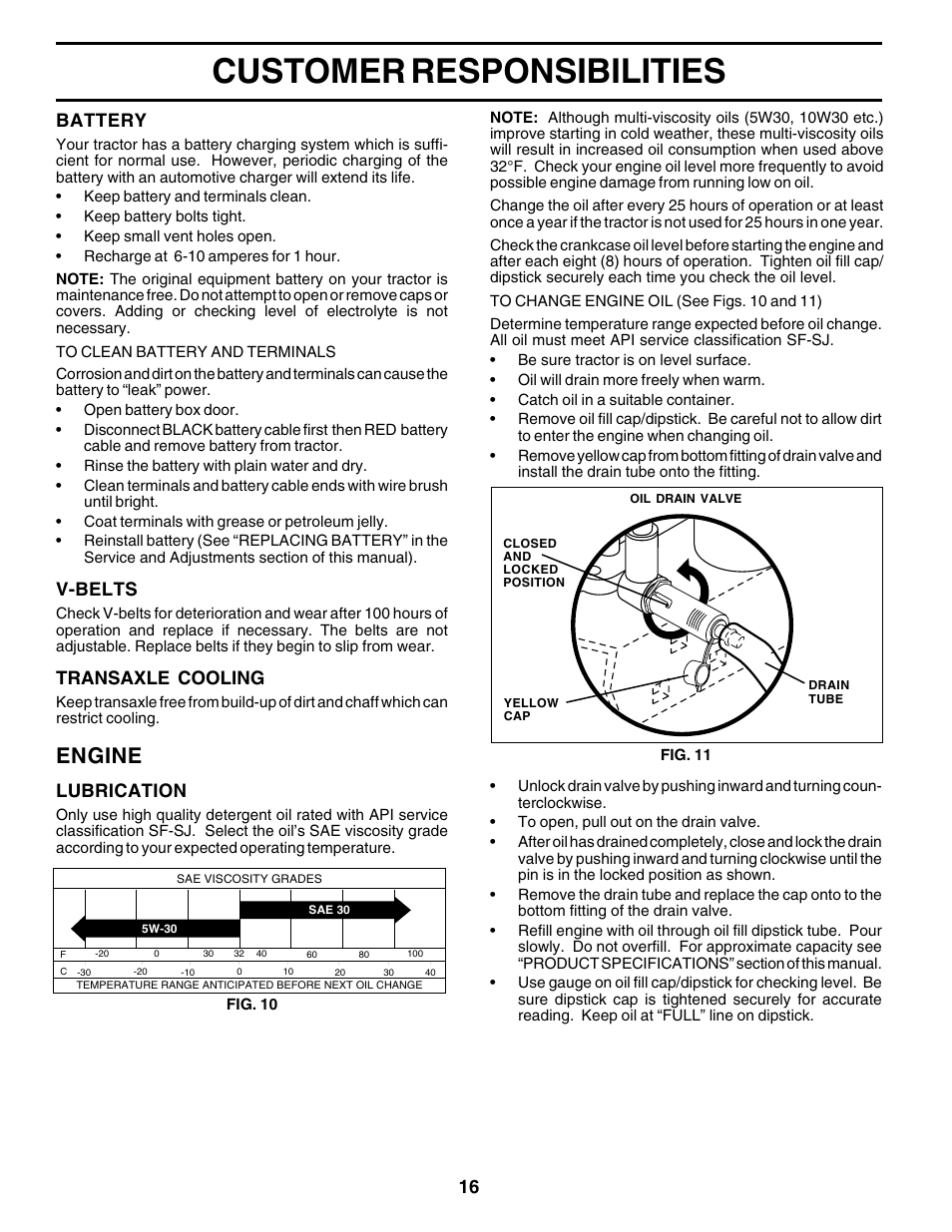 Customer responsibilities, Engine, Lubrication | V-belts, Transaxle cooling, Battery | Weed Eater 178106 User Manual | Page 16 / 48