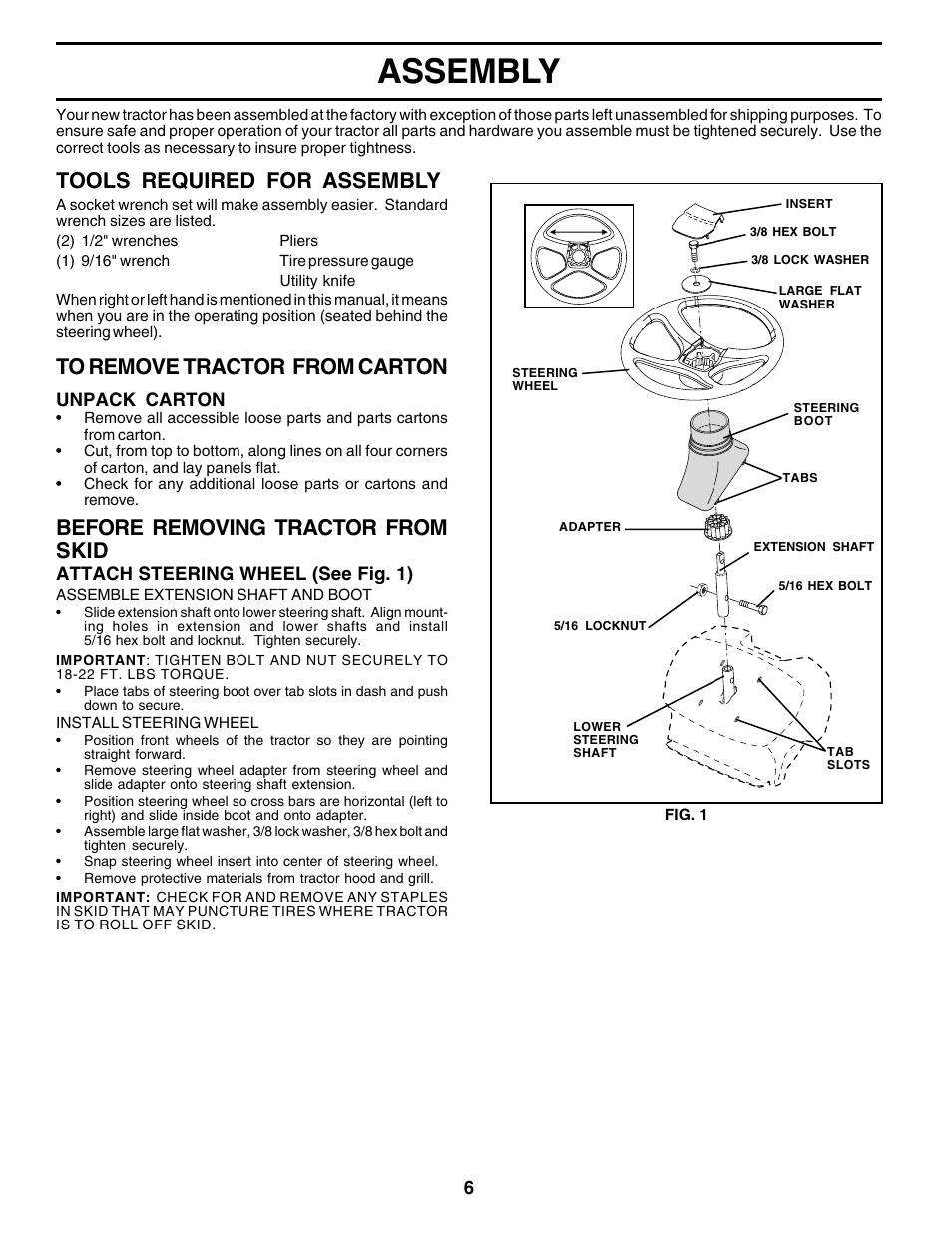 Assembly, Tools required for assembly, Before removing tractor from skid | Weed Eater 178106 User Manual | Page 6 / 48