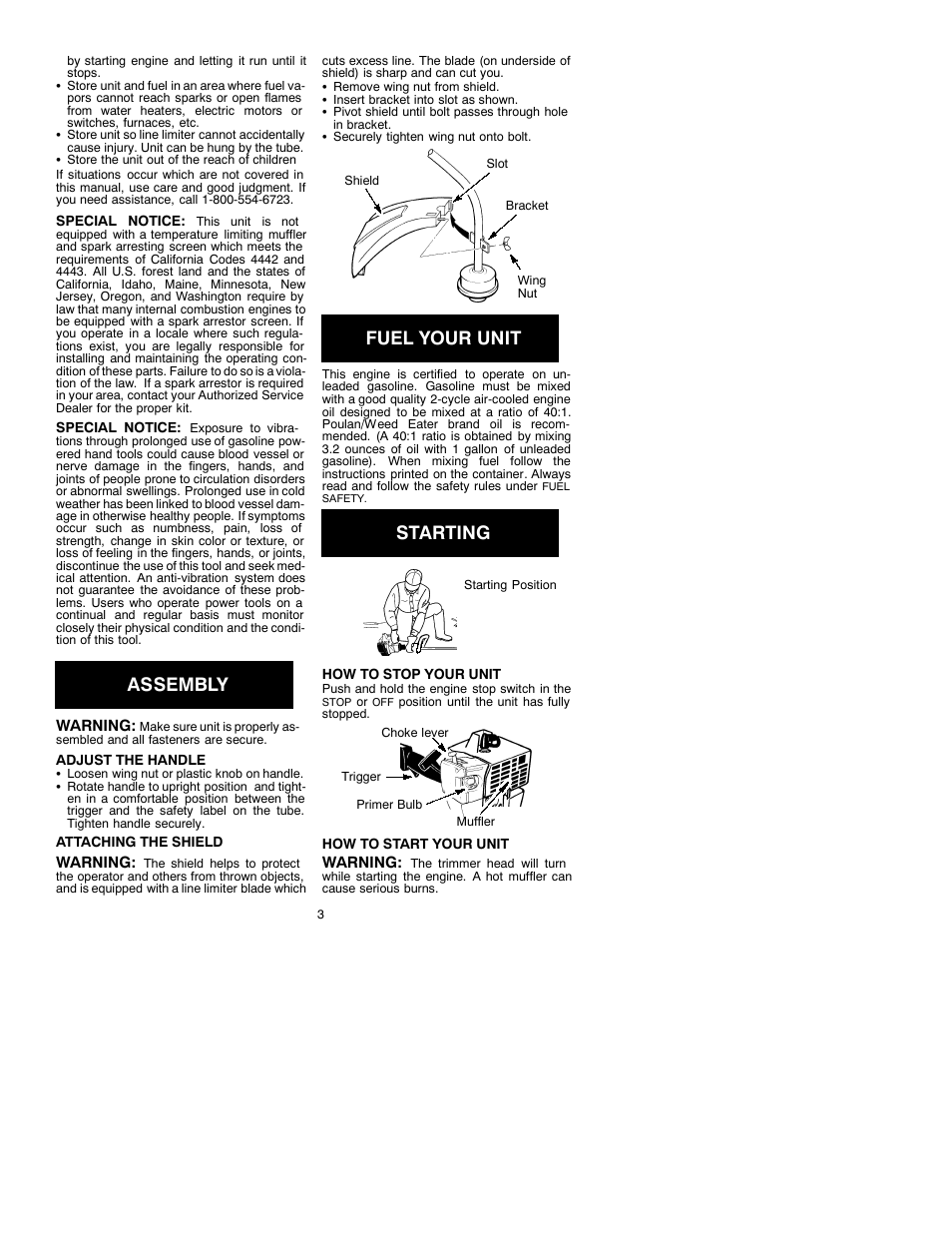 Assembly, Fuel your unit, Starting | Weed Eater 530087727 User Manual | Page 3 / 6