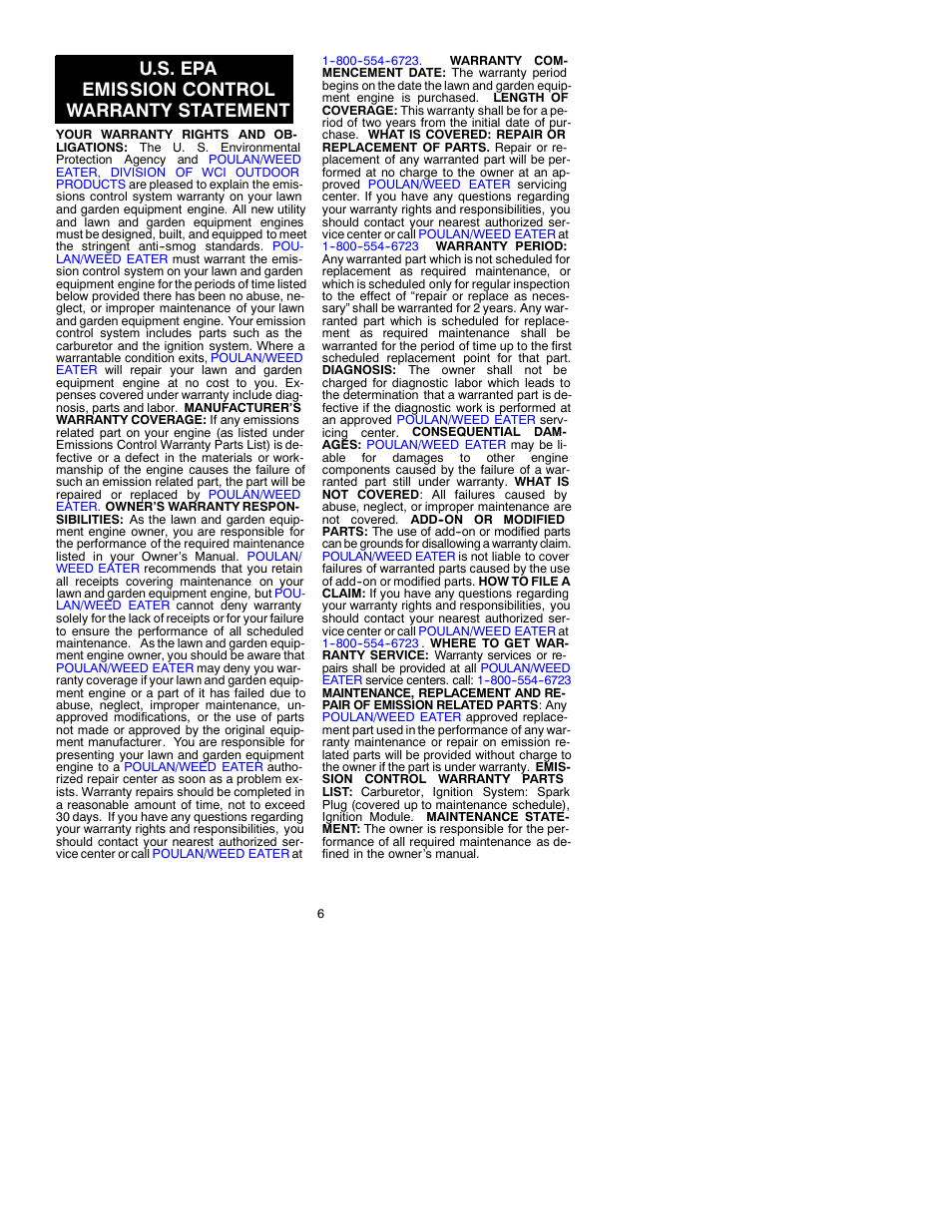 U.s. epa emission control warranty statement | Weed Eater 530087727 User Manual | Page 6 / 6