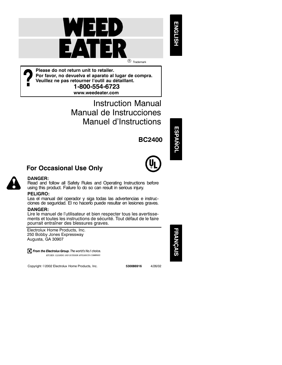 Weed Eater 530086916 User Manual | 15 pages