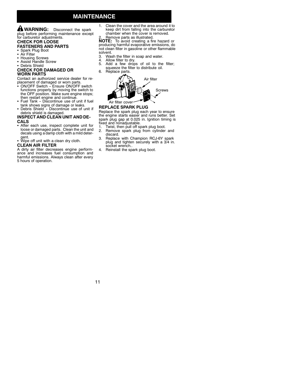 Maintenance | Weed Eater 530086916 User Manual | Page 11 / 15