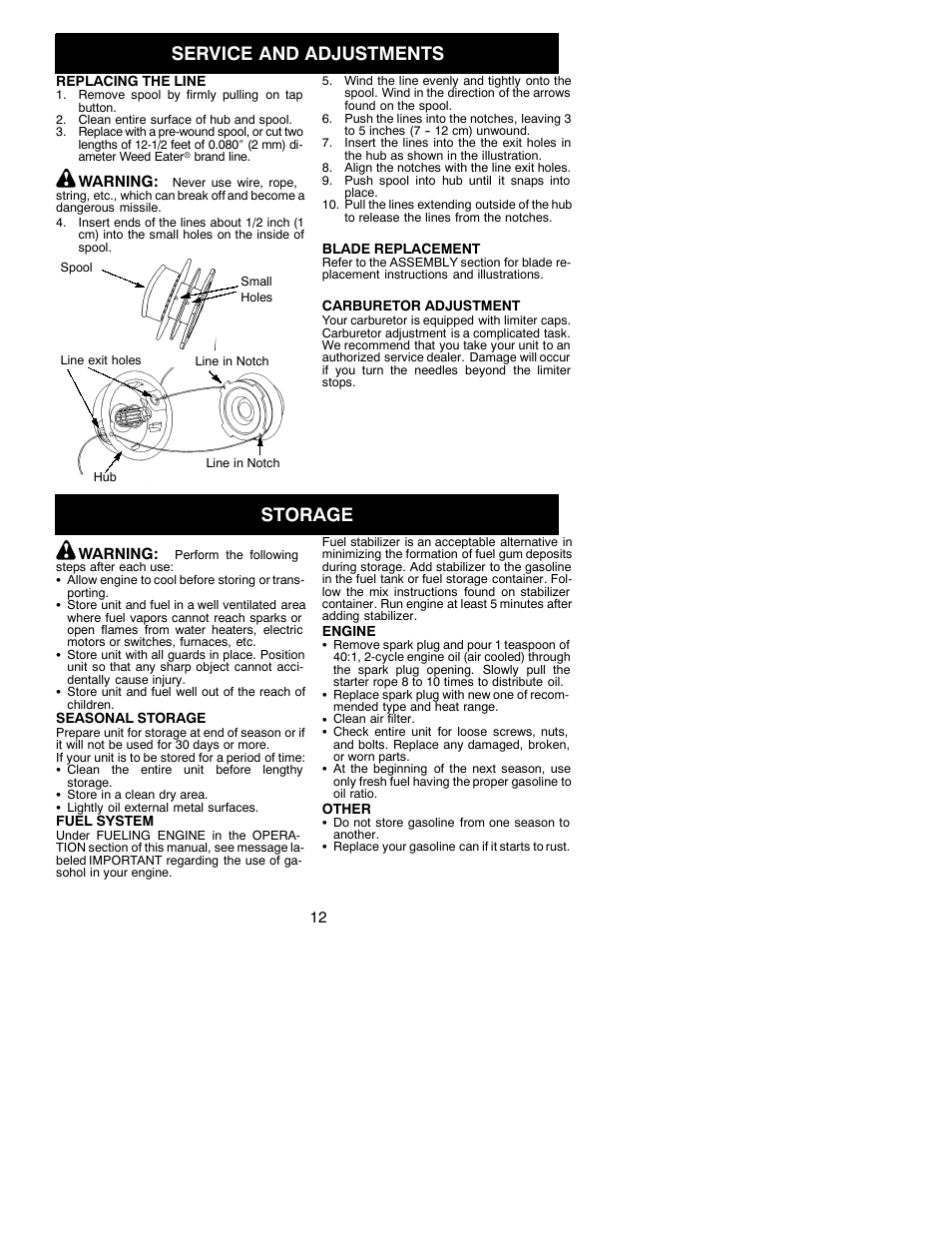 Service and adjustments, Storage | Weed Eater 530086916 User Manual | Page 12 / 15