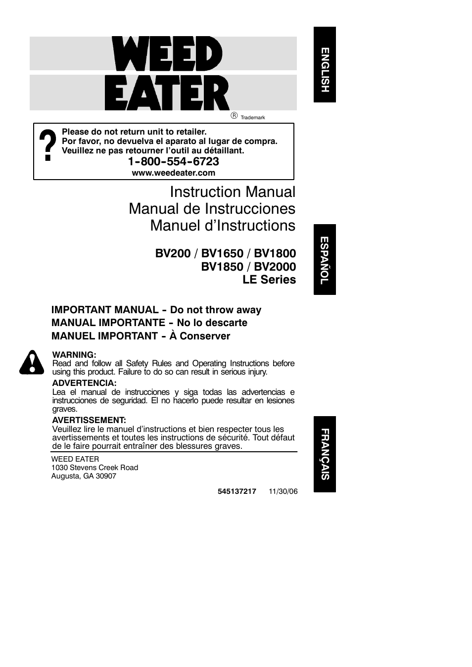 Weed Eater 545137217 User Manual | 13 pages