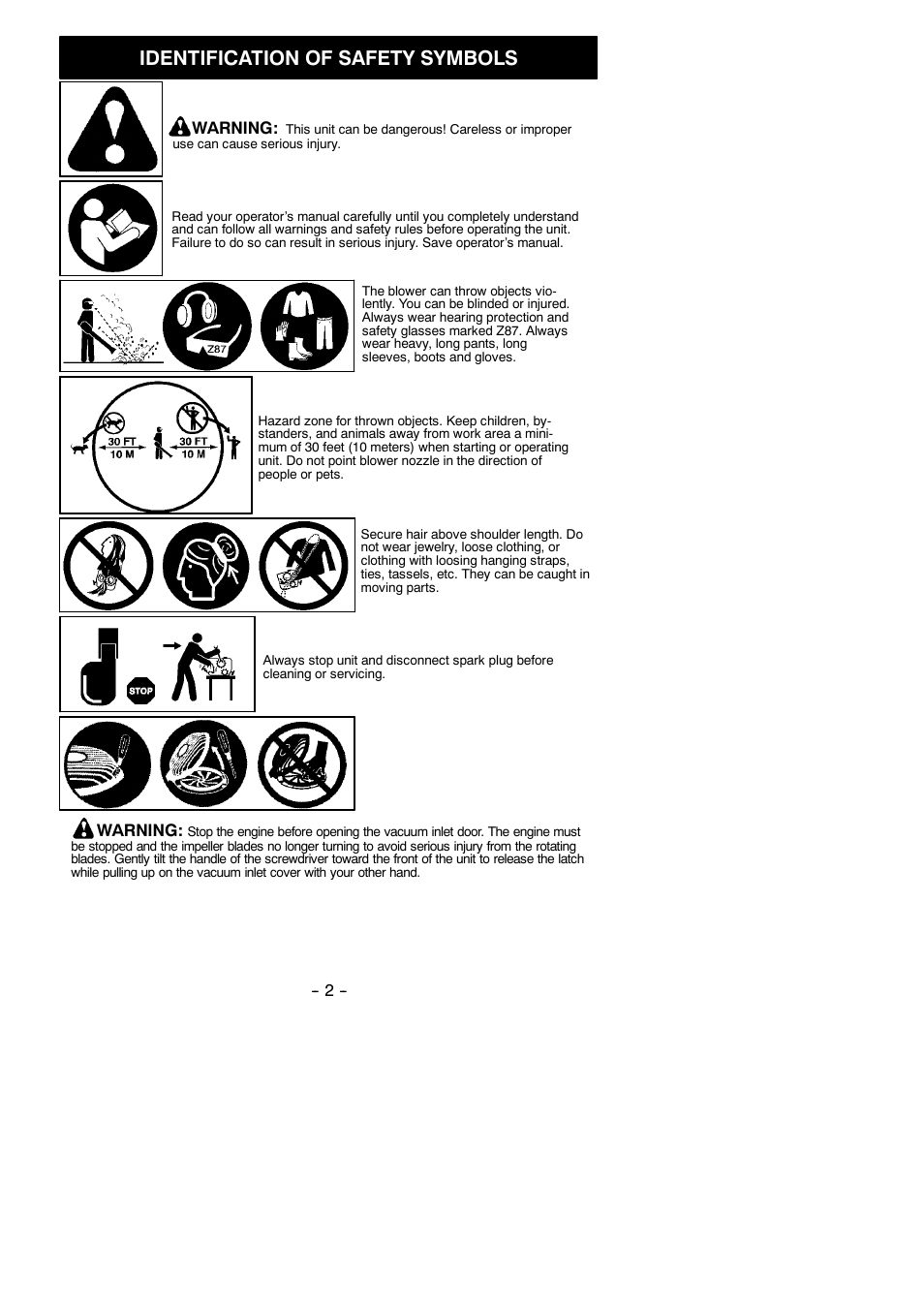 Identification of safety symbols | Weed Eater VS2000BV User Manual | Page 2 / 14