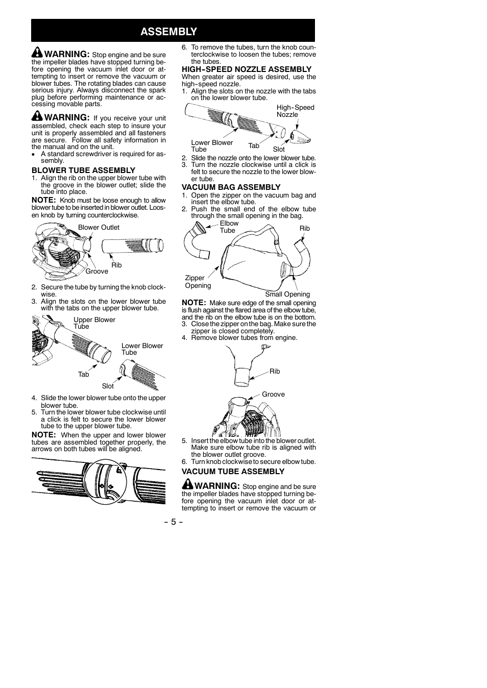 Assembly, Warning | Weed Eater VS2000BV User Manual | Page 5 / 14