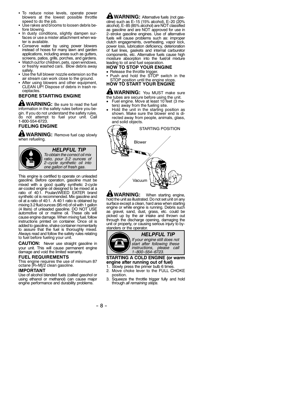 Warning, Helpful tip | Weed Eater VS2000BV User Manual | Page 8 / 14