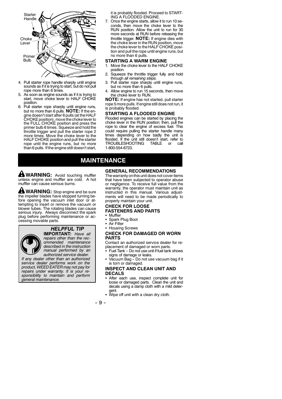 Maintenance, Warning, Helpful tip | Weed Eater VS2000BV User Manual | Page 9 / 14