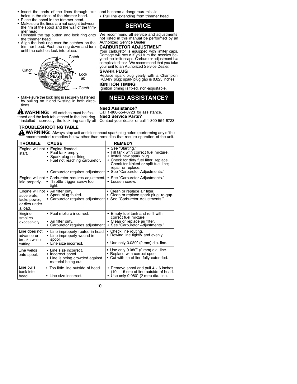 Service, Need assistance | Weed Eater 530088776 User Manual | Page 10 / 12