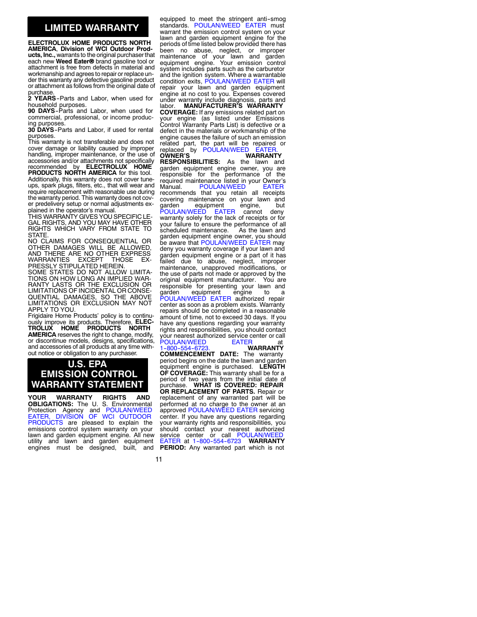 Limited warranty, U.s. epa emission control warranty statement | Weed Eater 530088776 User Manual | Page 11 / 12